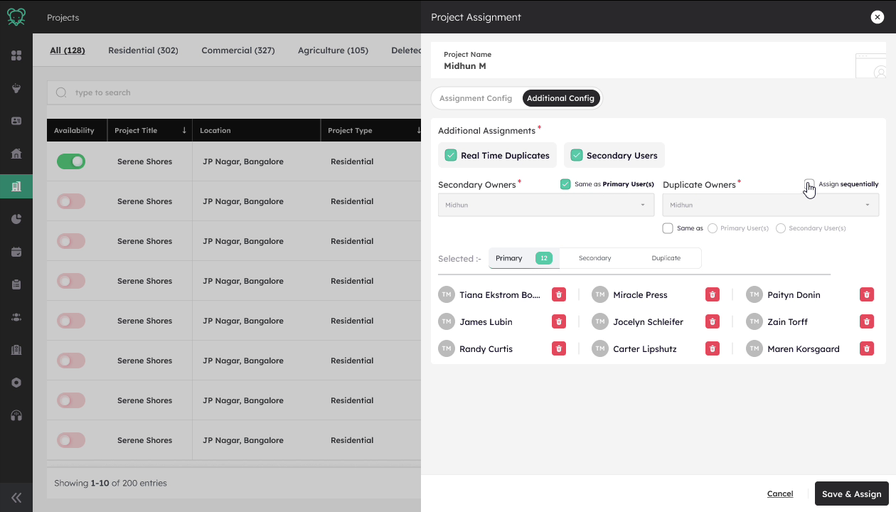 Additional Config tab with Real Time Duplicates enabled, showing a list of duplicate owners