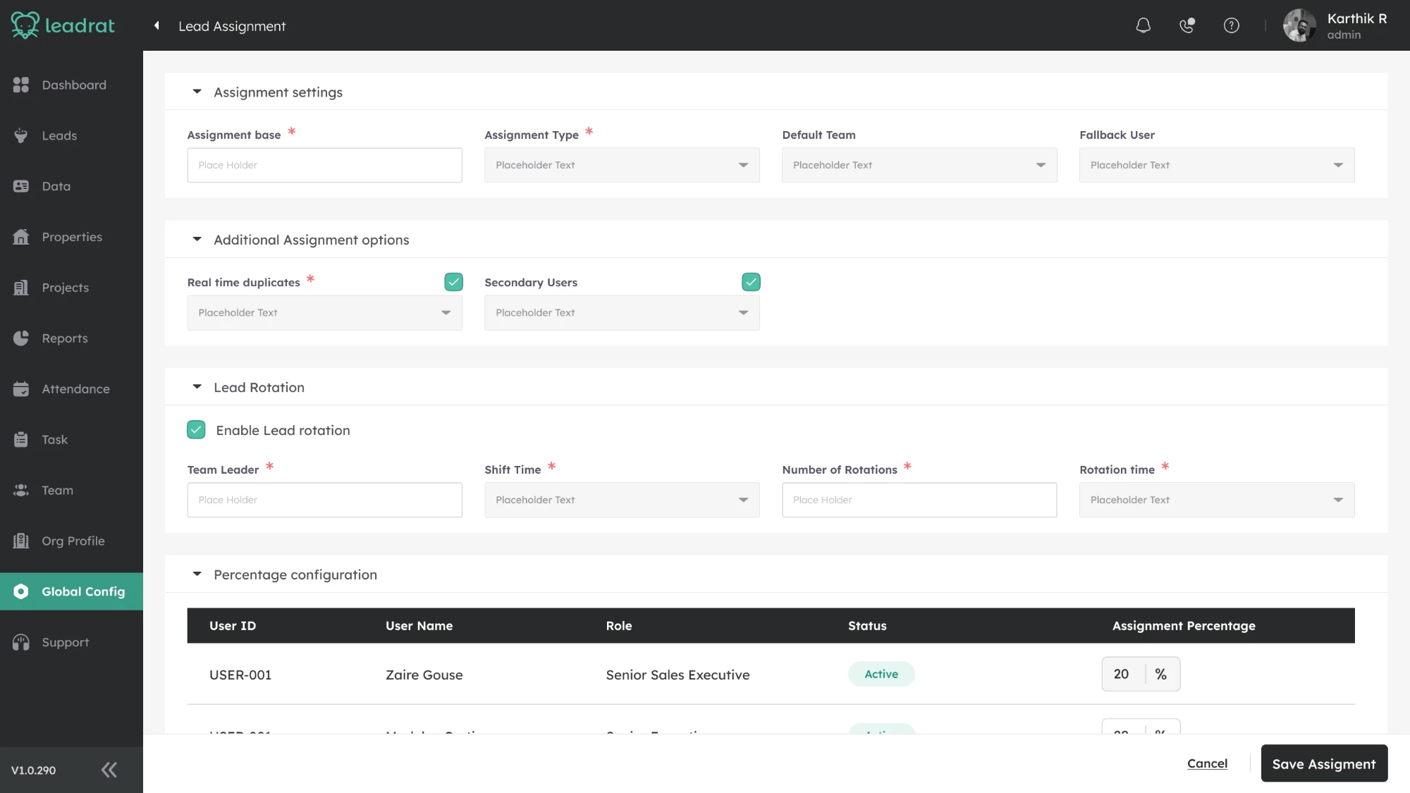 An earlier config screen showing Assignment settings, Additional Assignment options, Lead Rotation and a Percentage configuration table all open on one page
