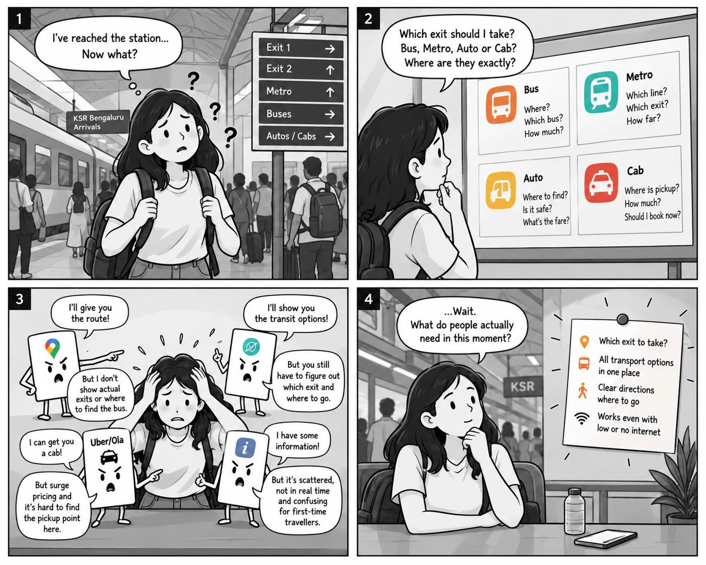Four panel black and white comic. Panel 1, a traveller arrives at KSR Bengaluru and asks what to do now. Panel 2, she faces a board of bus, metro, auto and cab with questions under each. Panel 3, map, transit and cab apps each solve one piece and leave the rest unclear. Panel 4, she asks what people actually need in this moment, and a note lists which exit to take, all transport options in one place, clear directions, and working with low or no internet.