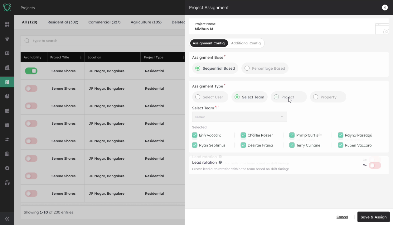 Project Assignment modal, Sequential Based, Select Team, eight selected team members, lead rotation toggle visible