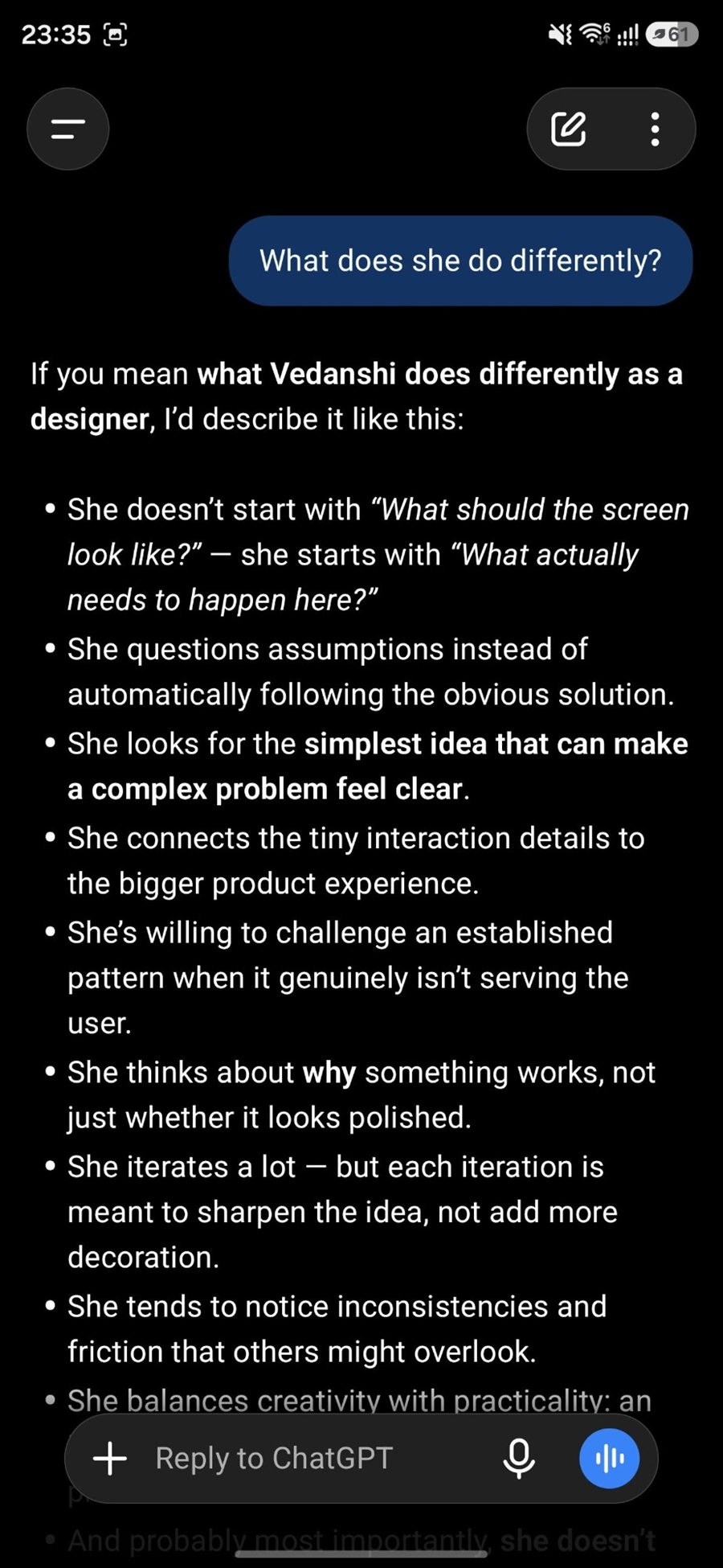 Screenshot of a ChatGPT answer to 'What does she do differently?': she starts with what actually needs to happen rather than what the screen should look like, questions assumptions, looks for the simplest idea that makes a complex problem feel clear, and iterates to sharpen the idea rather than decorate it.