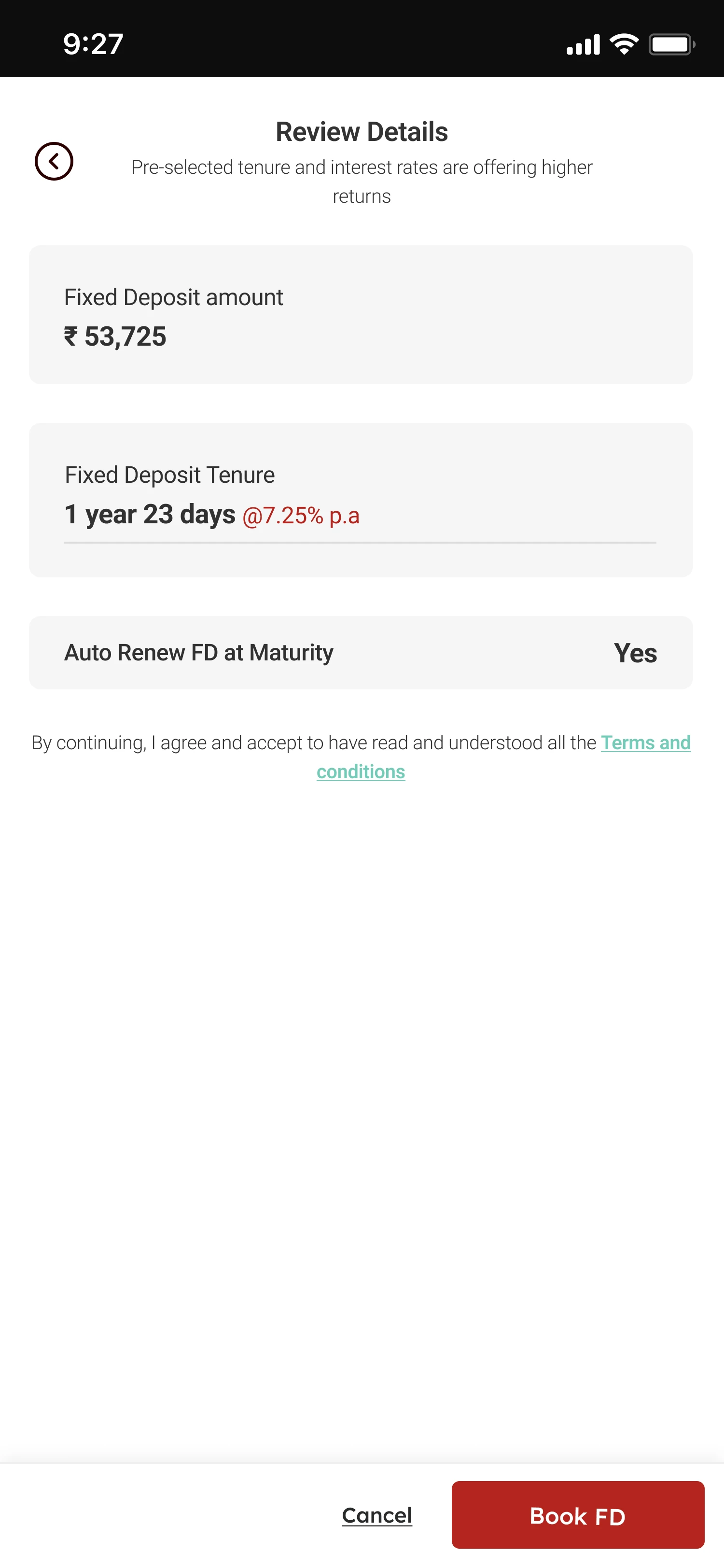 Review Details screen with the amount, tenure and rate, auto renewal, terms, and Cancel and Book FD buttons.