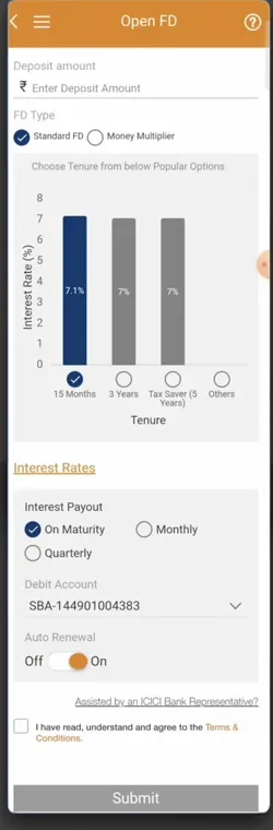 Existing Open FD form with deposit amount, FD type, tenure bar chart, interest payout, debit account, auto renewal, terms and Submit.