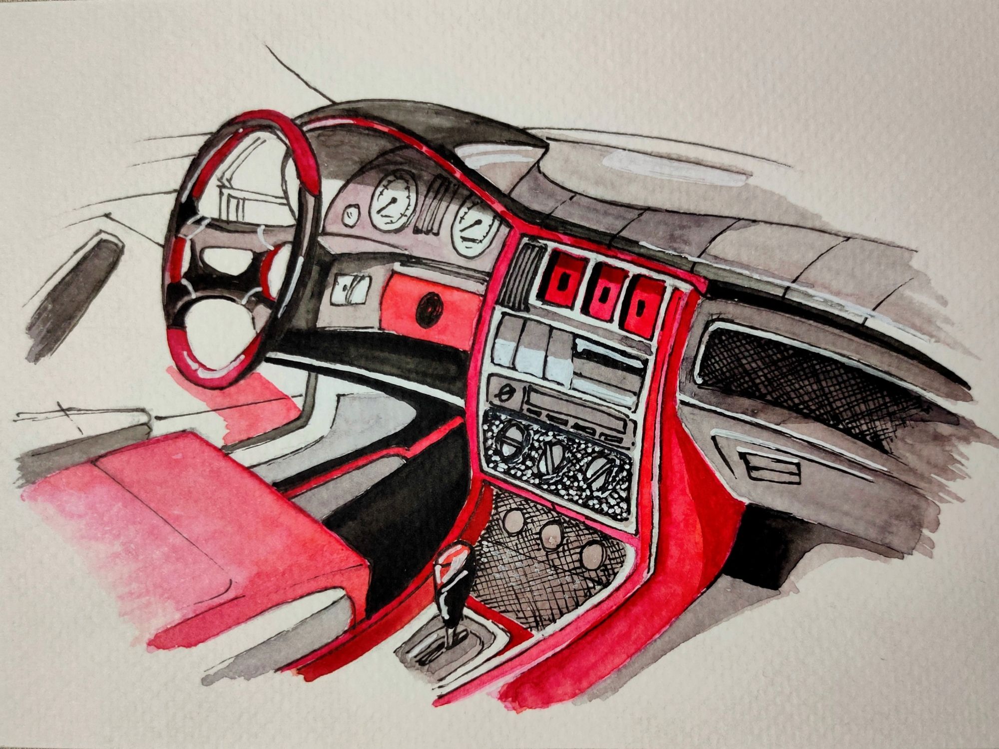 Pen and watercolour sketch of a car dashboard interior in red and grey