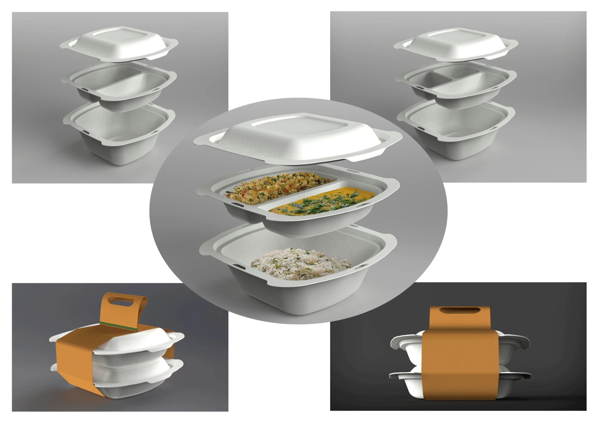 3D renders of a stacked, compostable food container with a carrying handle