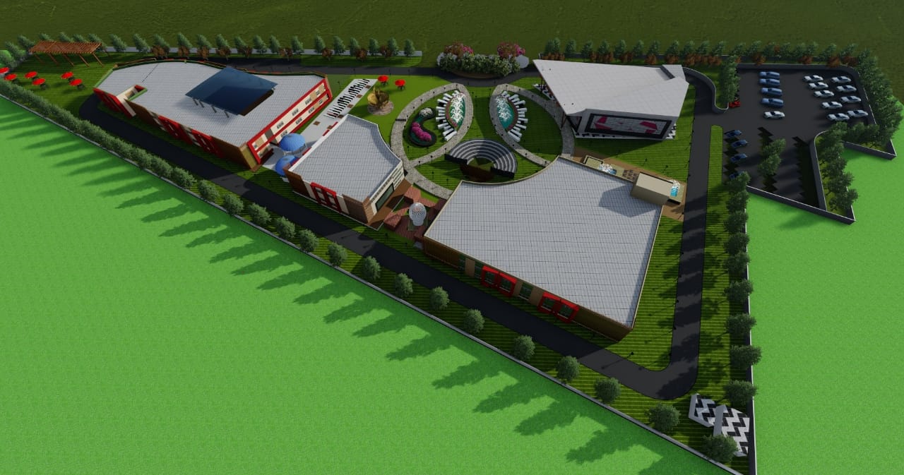 Aerial 3D render of a landscaped campus with a piano key pathway and fountains