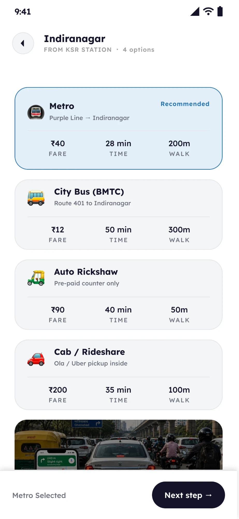 Last Mile transport options for Indiranagar: metro, city bus, auto rickshaw and cab as stacked cards with fare, time and walking distance